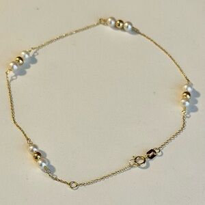 18K Solid Yellow Gold Pearl Anklet 9–10” Adjustable Station Bead 1.94g Bracelet